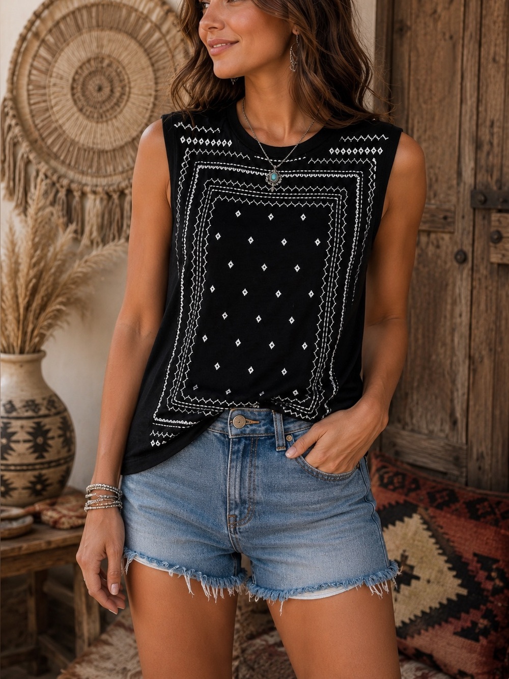 Banana Republic Bandana Inspired Embroidered Sleeveless Boho Tank Top Medium